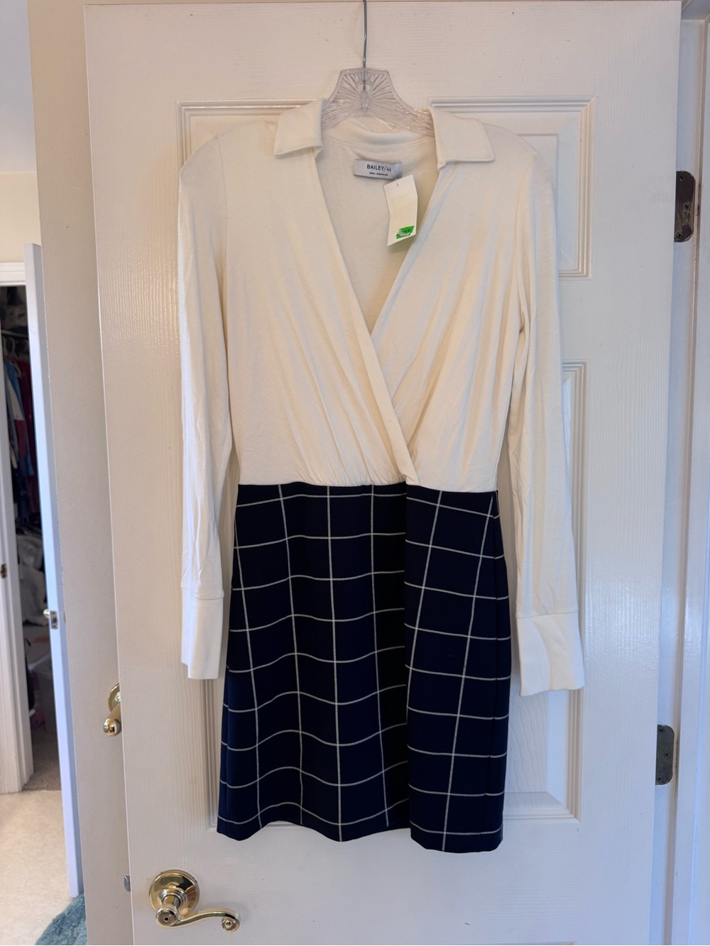Bailey 44 Cream Top Navy Windowpane Long Sleeve Dress